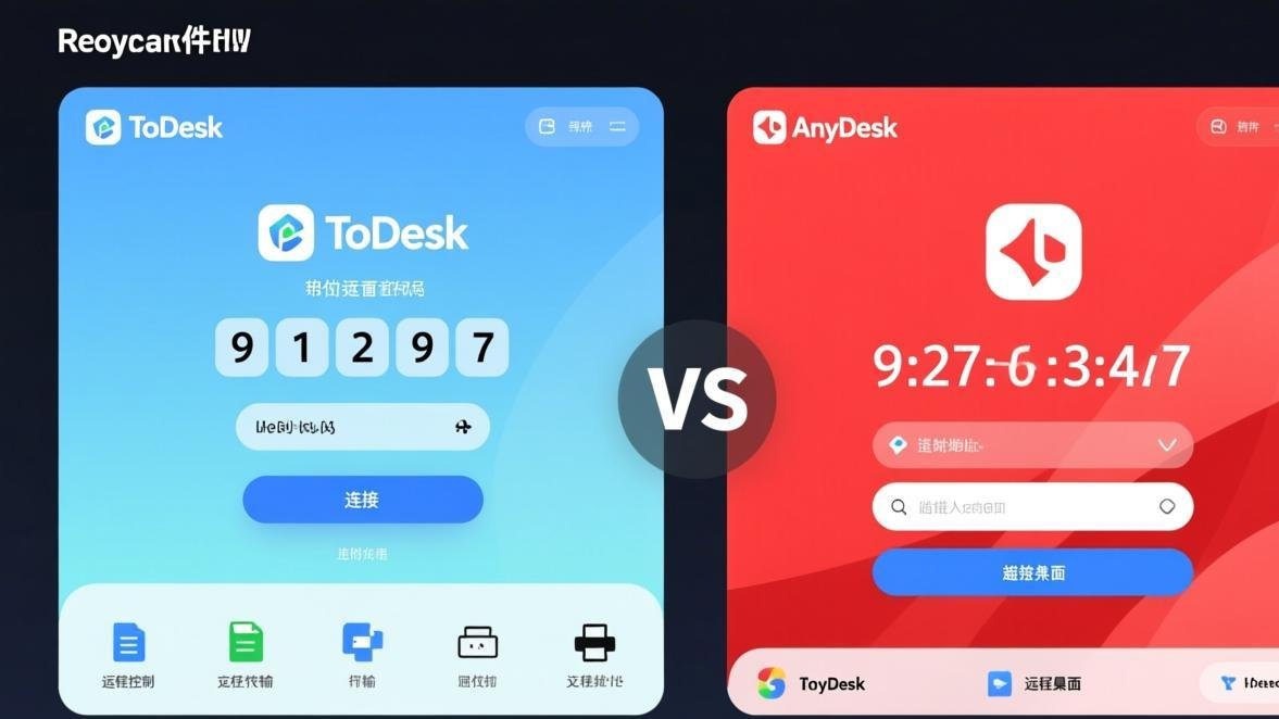 ToDesk vs AnyDesk连接界面左右分屏对比,左ToDesk蓝白配色,右AnyDesk红色配色