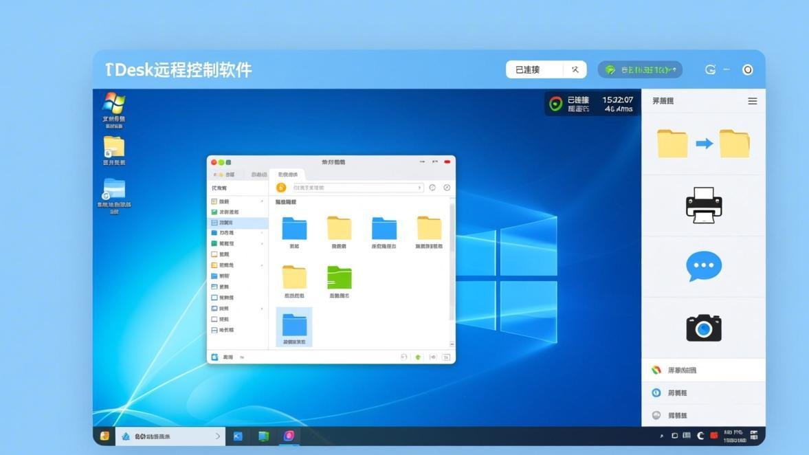 ToDesk远程控制进行中界面,显示文件传输、远程打印等功能图标