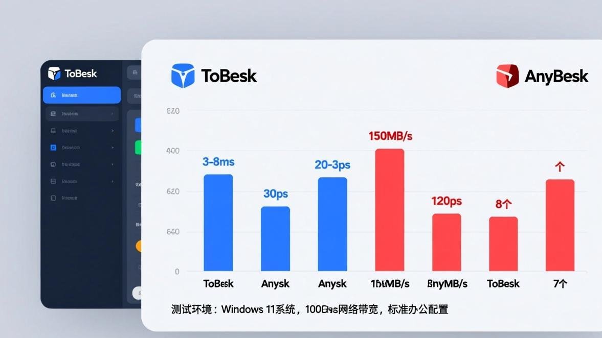 ToDesk vs AnyDesk 速度性能对比数据图表,蓝红双色柱状图展示连接速度、帧率、传输速度等指标